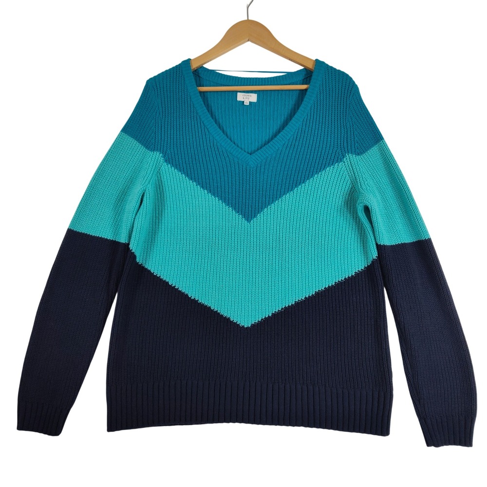 Crown & Ivy Womens Blue Teal Colorblock Chevron V-Neck Sweater Size Large